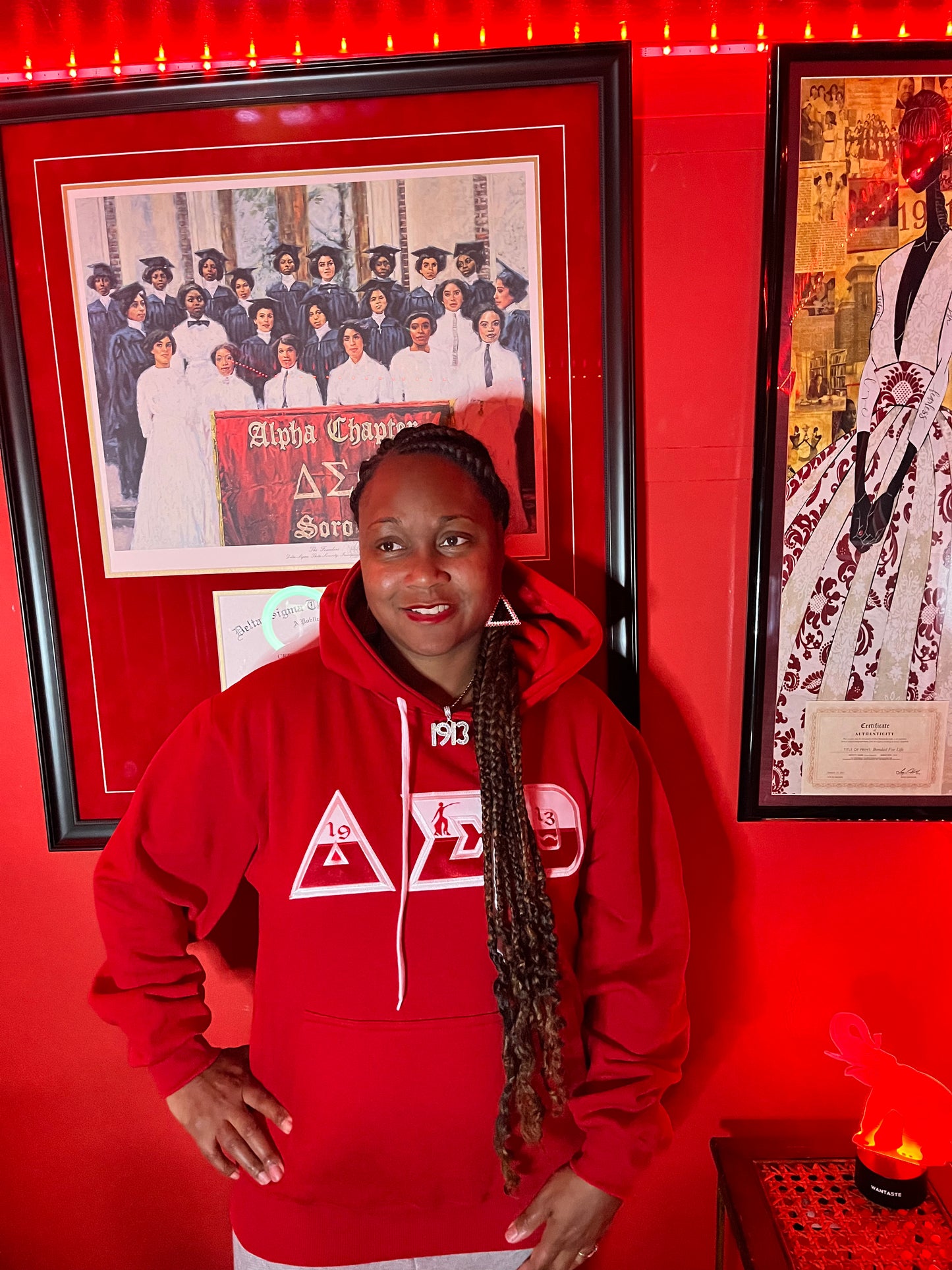 Red unisex hoodie with color block embroidered Greek symbols