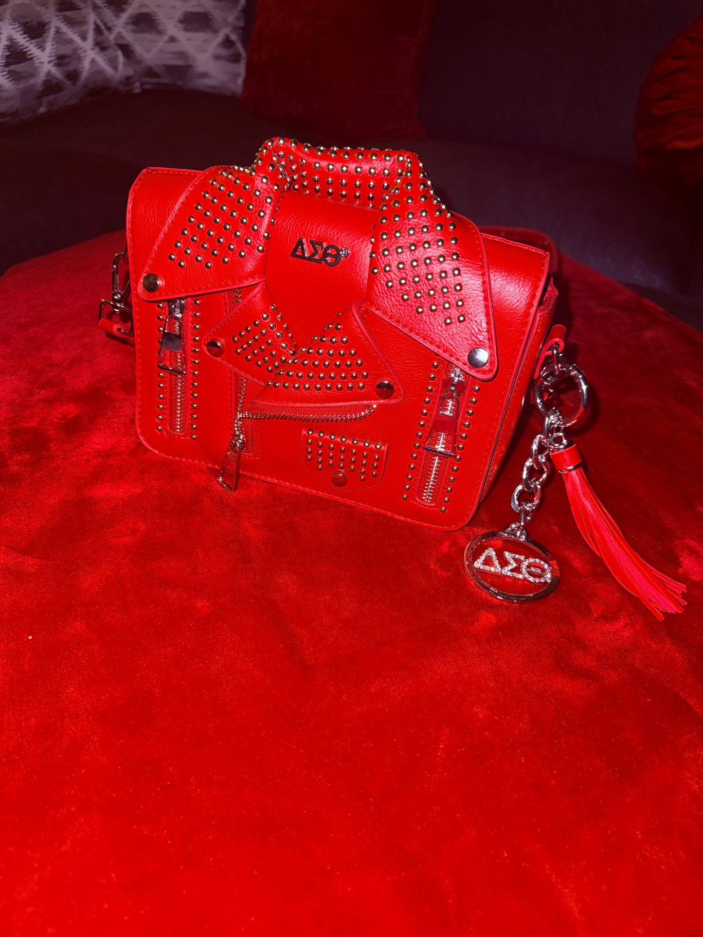 Delta Sigma Theta Red Studded Jacket‑Style Handbag