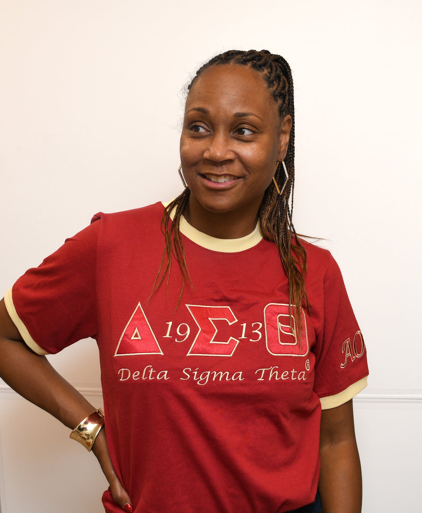 Crimson & Cream Delta Sigma Theta Greek Letters, 1913 Founding Year t-shirt w AOML on sleeve