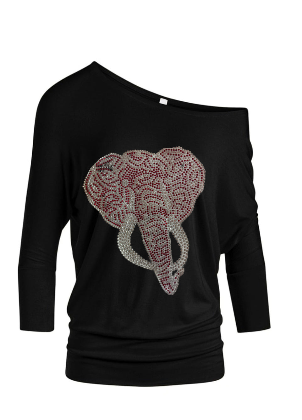 Elegant Black Off-Shoulder Top with Rhinestone Elephant Design