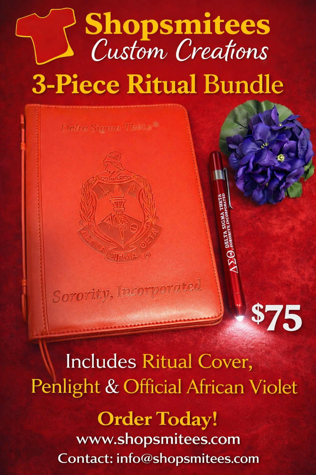 Red leather book with emblem, penlight, and African violet on a red background with promotional text.