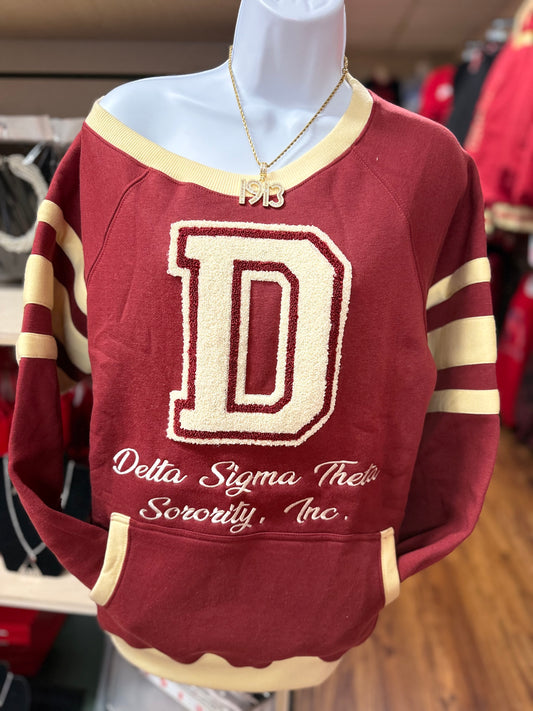 Crimson & Cream off the shoulder Varsity lettered  DST sweatshirt