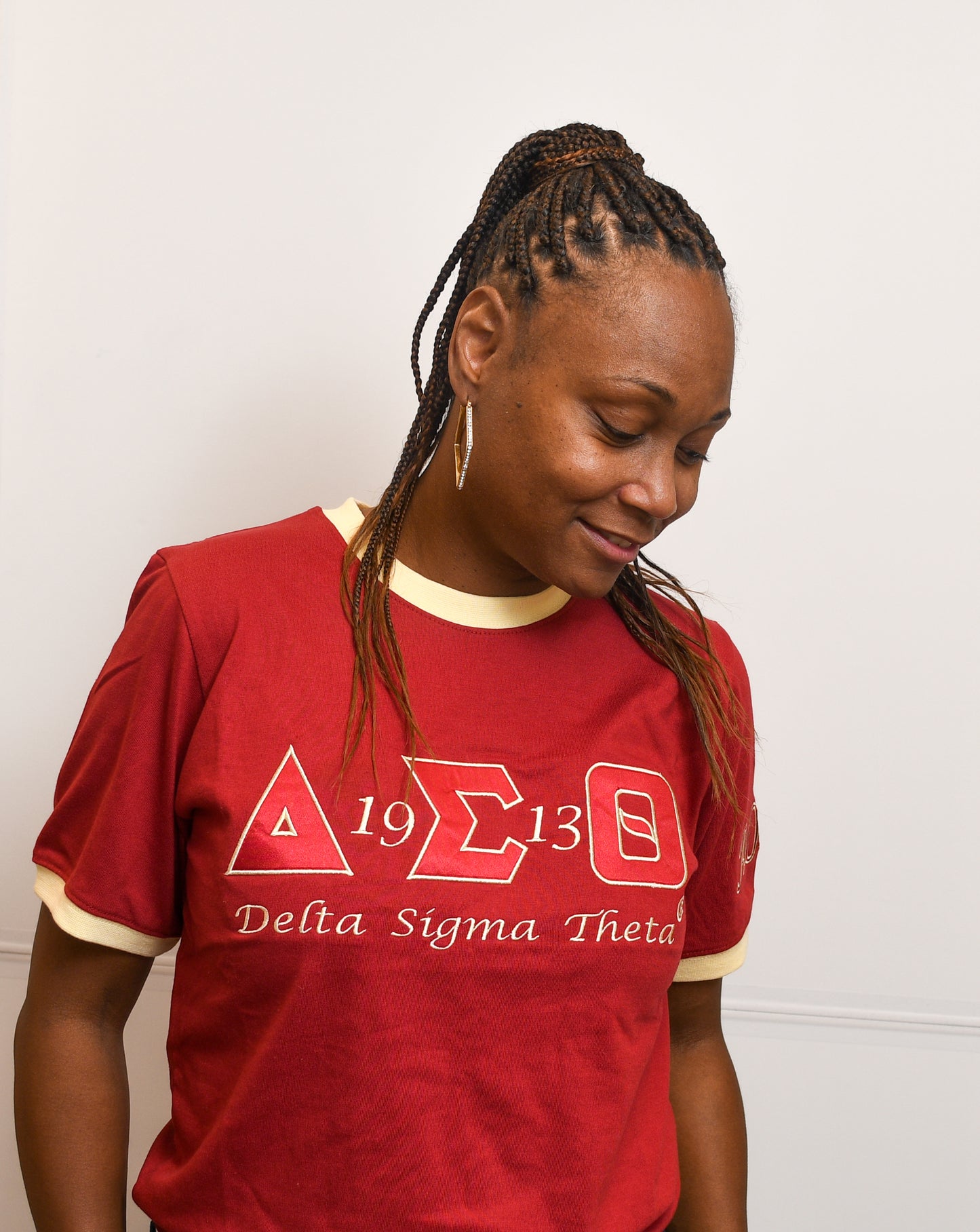 Crimson & Cream Delta Sigma Theta Greek Letters, 1913 Founding Year t-shirt w AOML on sleeve