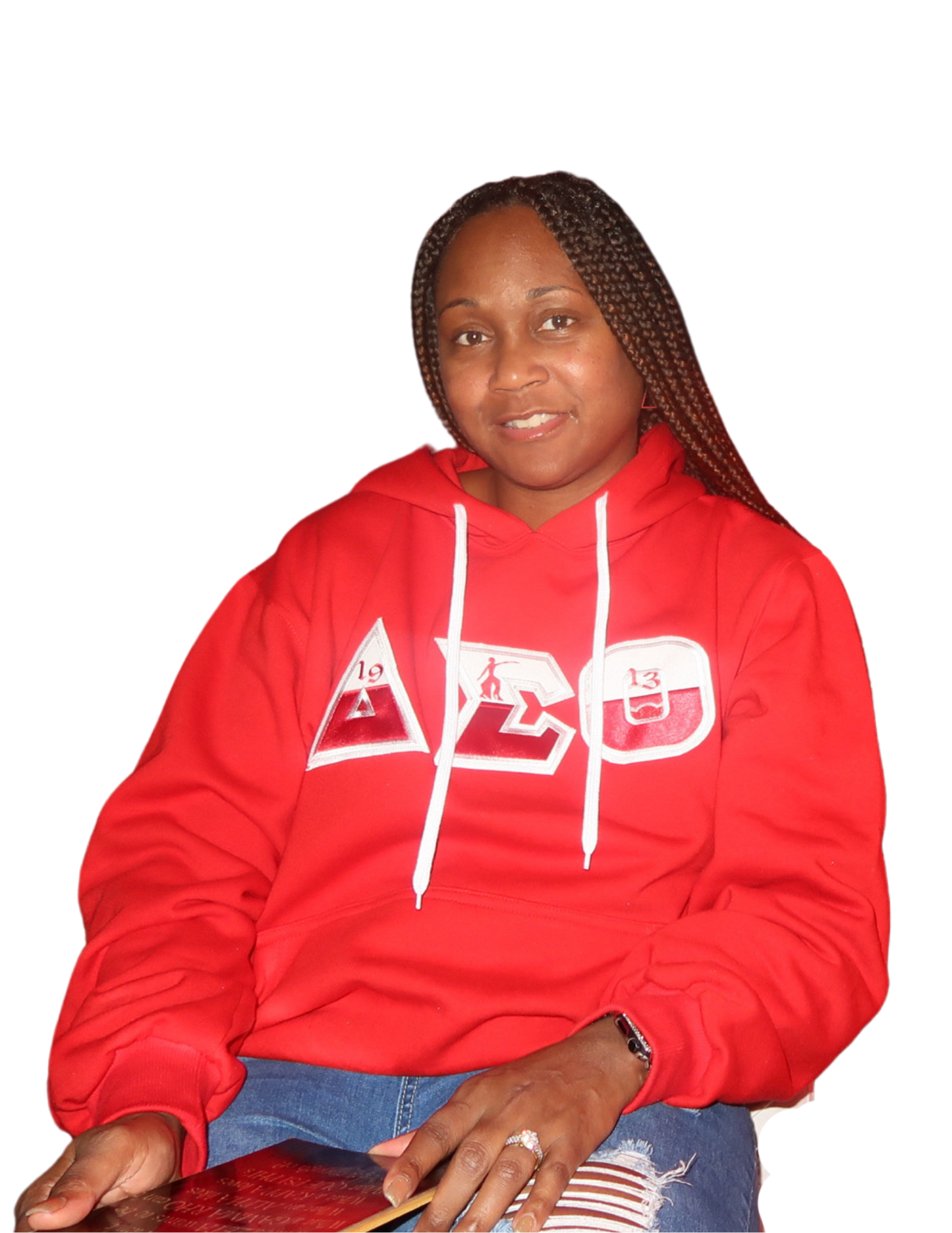 Red unisex hoodie with color block embroidered Greek symbols