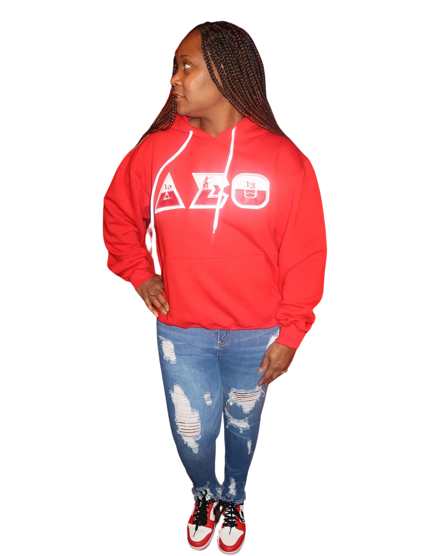 Red unisex hoodie with color block embroidered Greek symbols