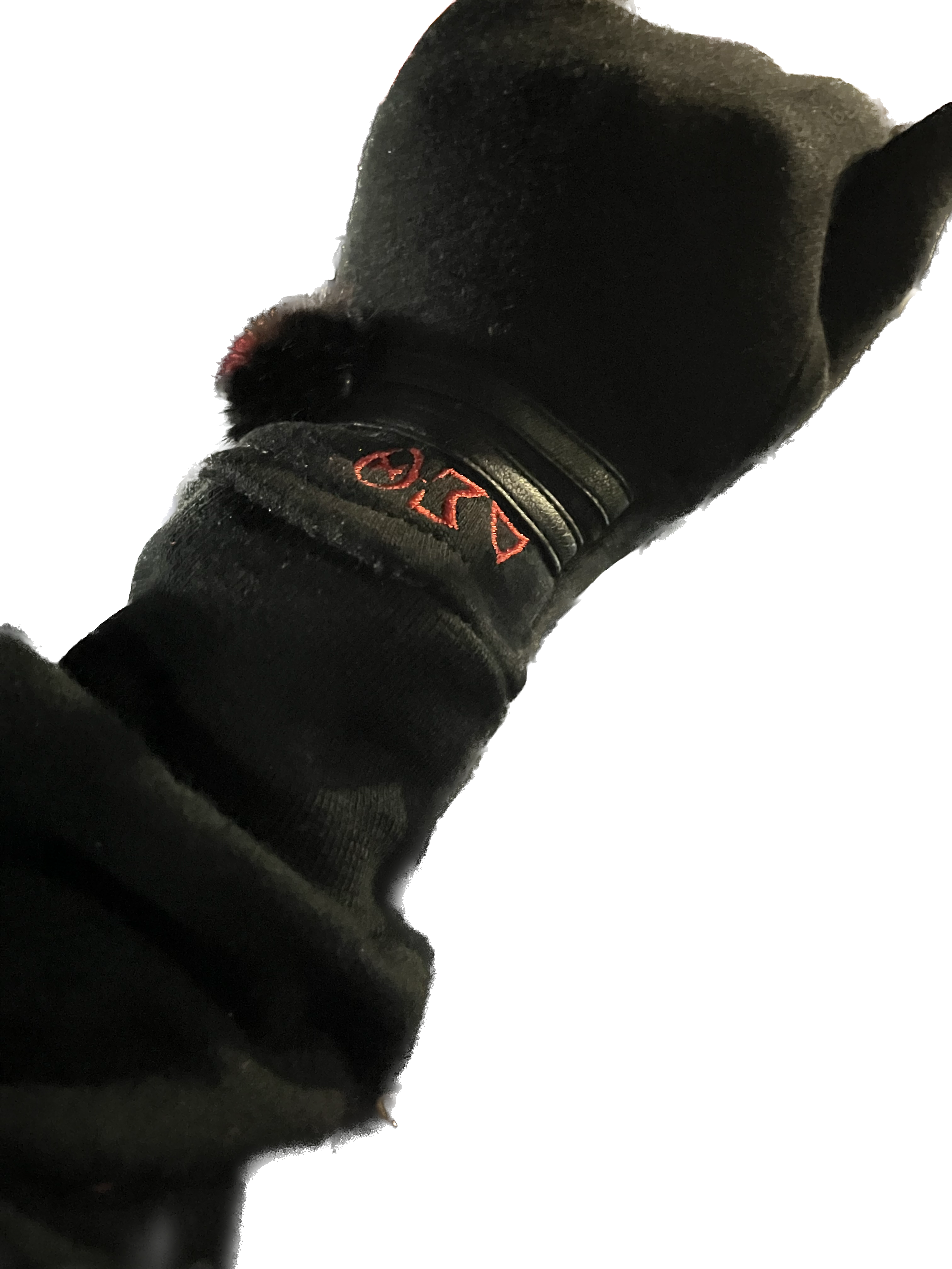 Black Delta Sigma Theta gloves with red embroidered symbols a Black Pompom and two leather strips