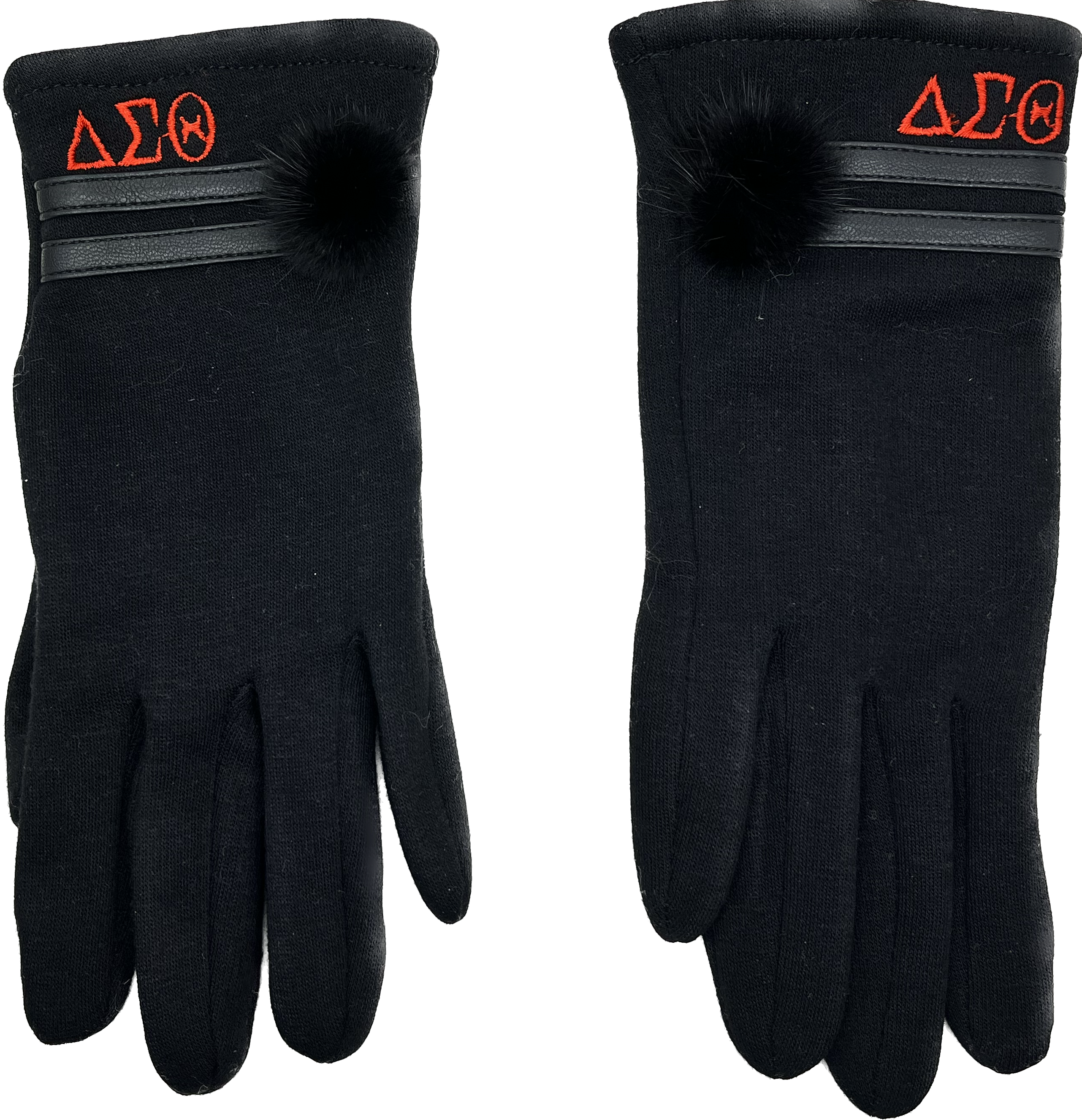 Black Delta Sigma Theta gloves with red embroidered symbols a Black Pompom and two leather strips