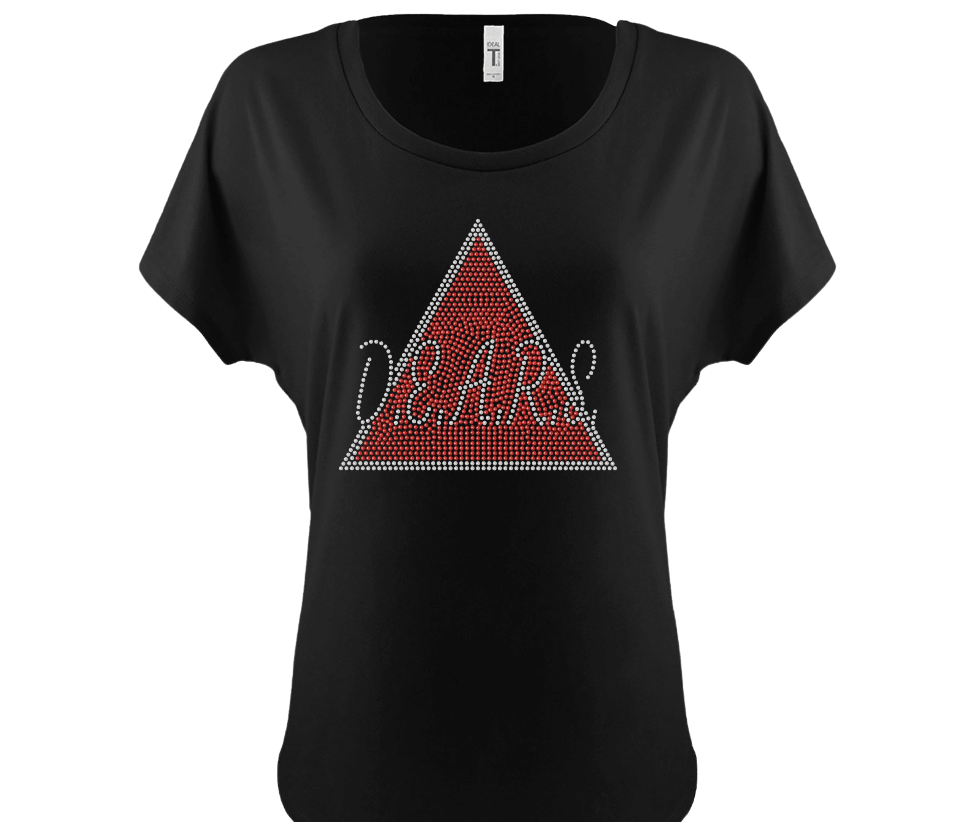 Delta DEARS Rhinestone Ladies Relaxed fit Dolman.  Lightweight cotton poly jersey 60% combed ring-spun cotton, 40% polyester.