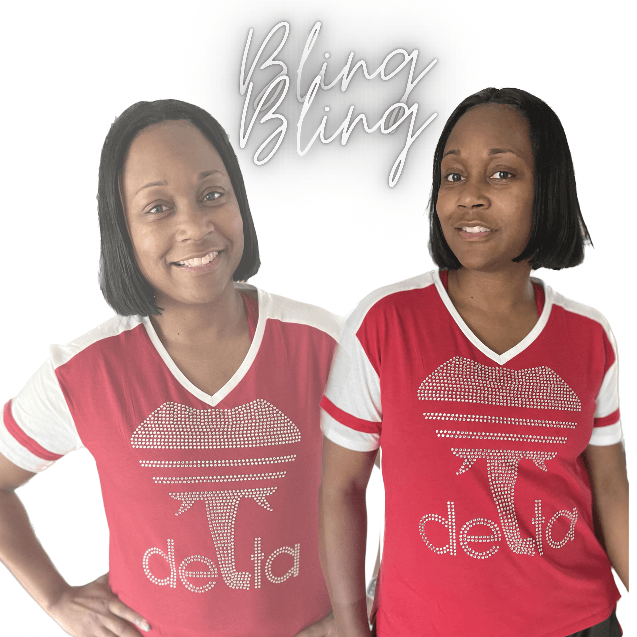 Red and White V-neck Retro T-shirt with our Adidas inspired Delta Elephant Rhinestone Design. It's perfect for everyone from sports fans to members in Sororities.