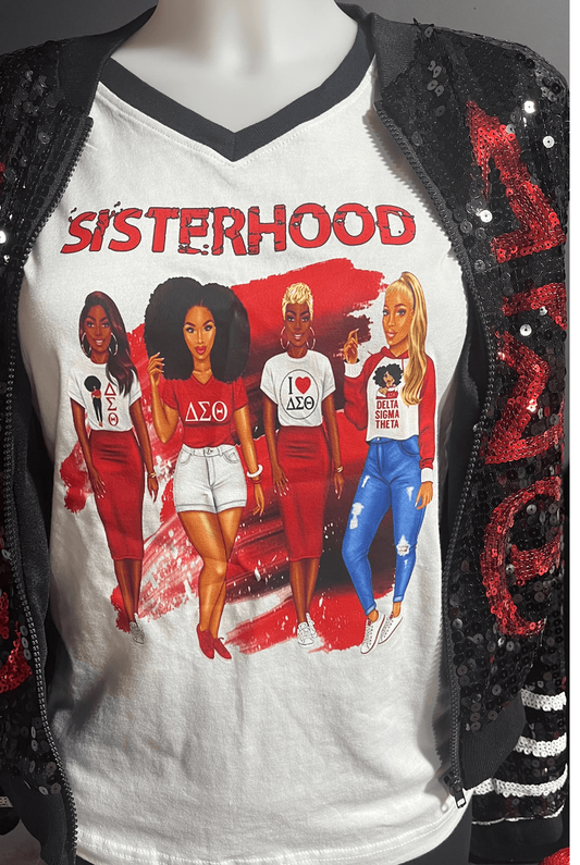 Womens white / solid black Retro Ringer Fine Jersey sisterhood V-neck Tee