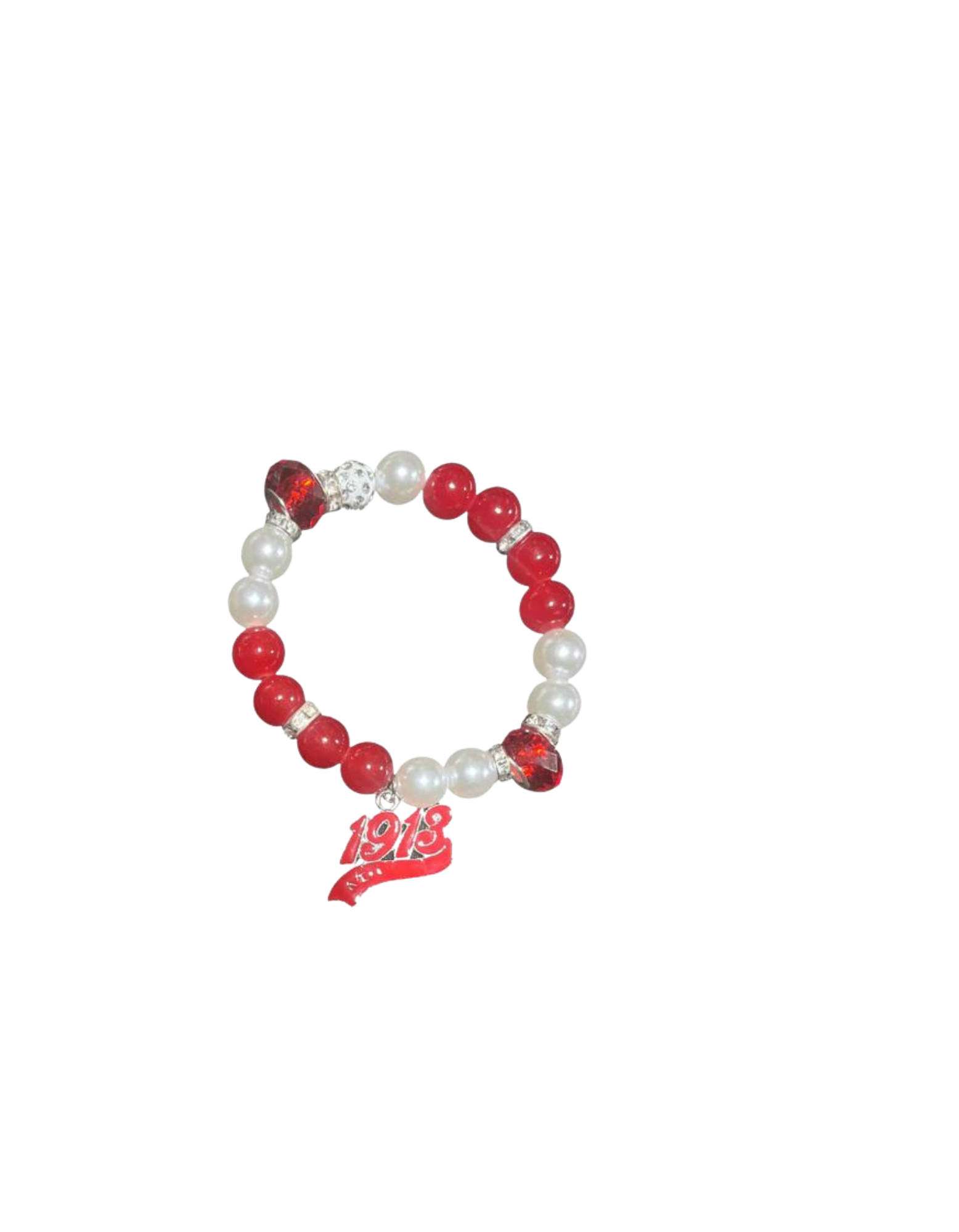 1913 Red bead and Ivory Pearl Stretch Bracelet