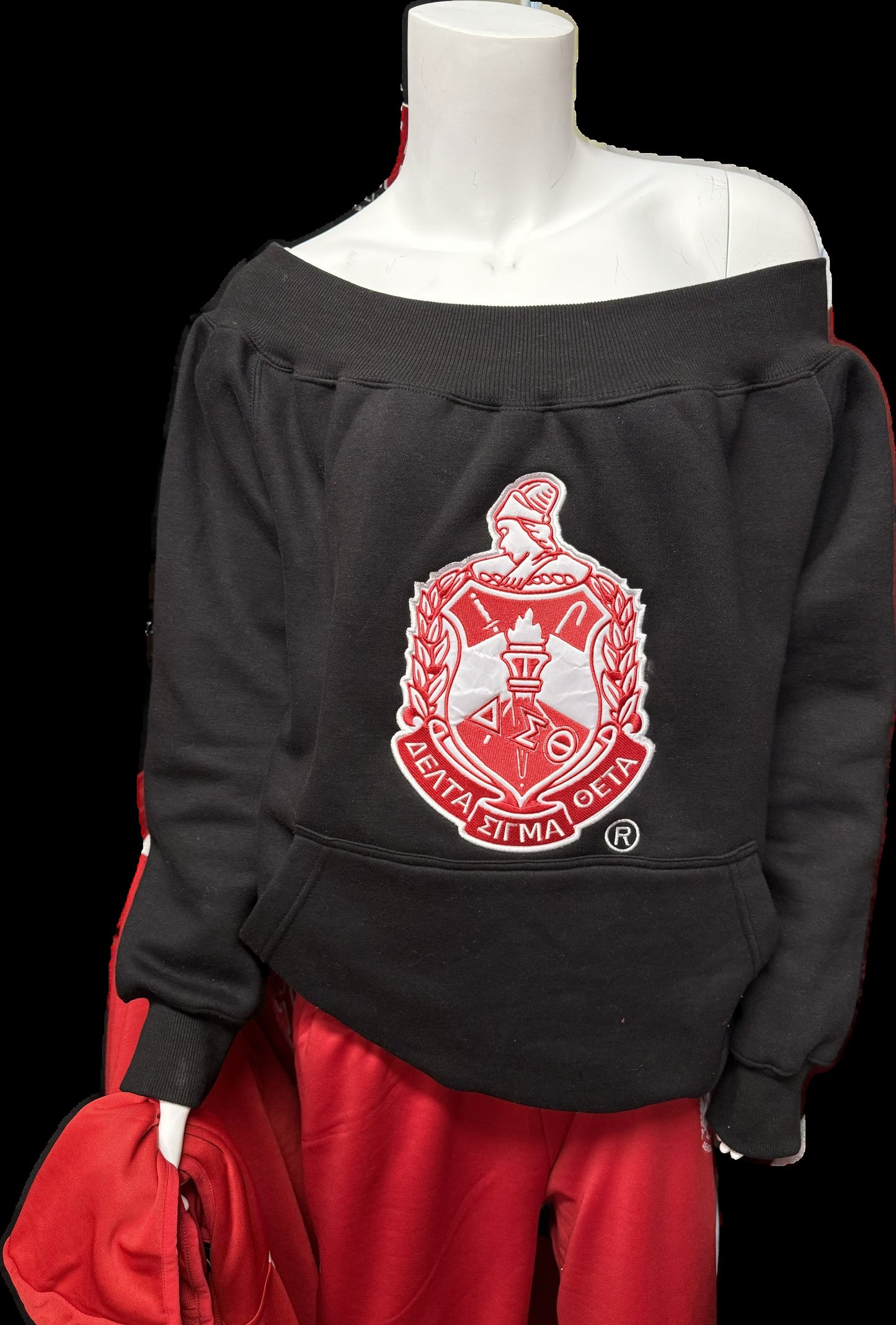 Off the shoulder sweatshirt featuring our sorority crest with pockets