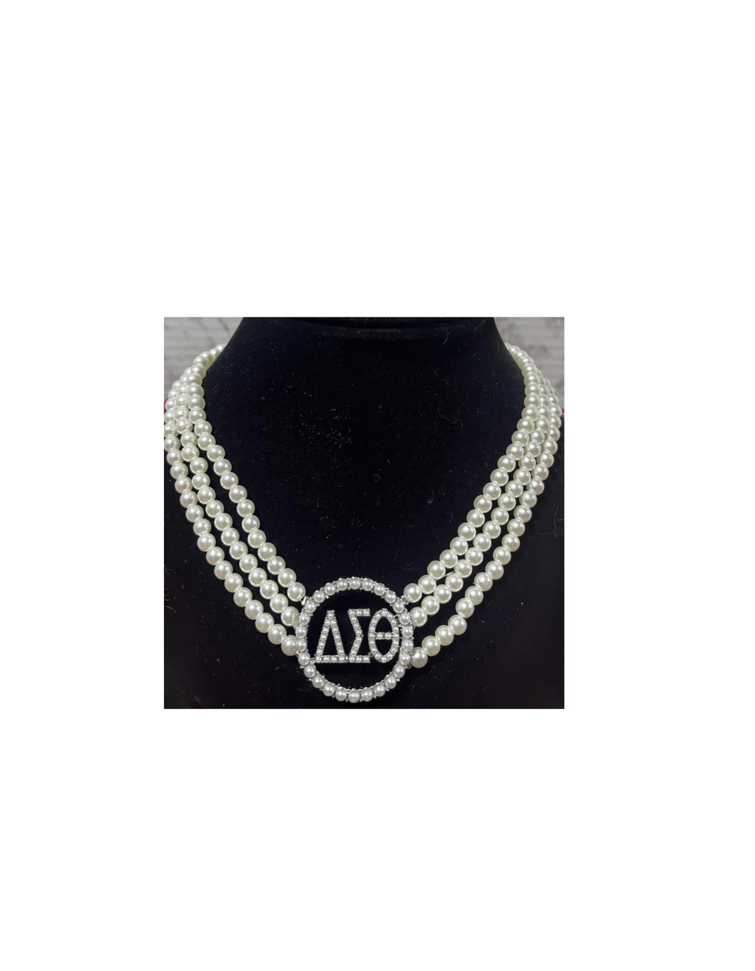 3 Strand Pearl Necklace with DST Greek Symbols.
