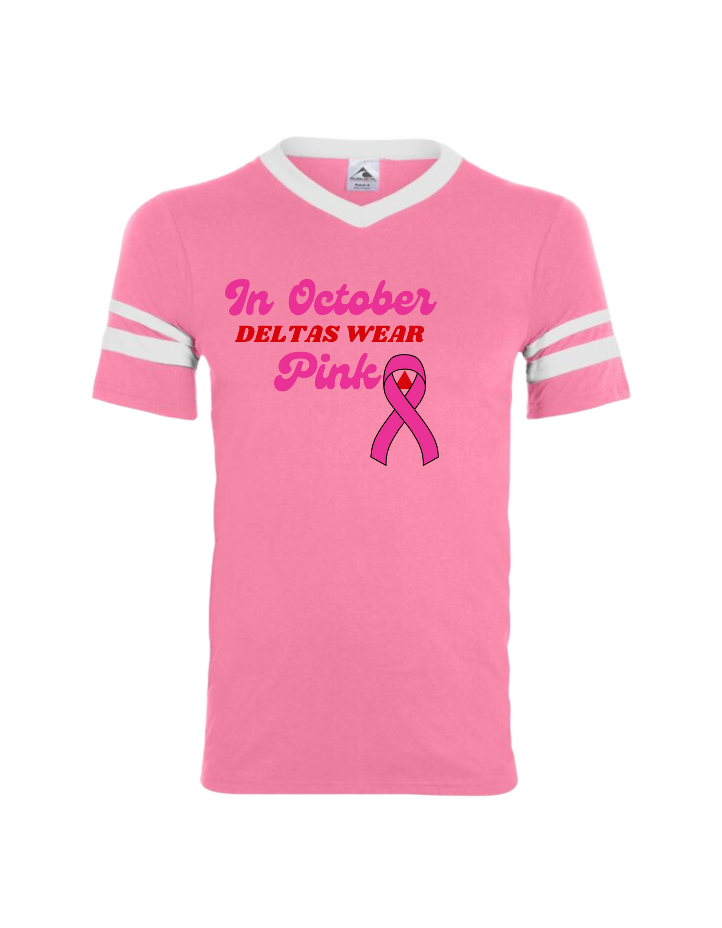 Pink color contrast Deltas wear pink in October awareness tshirt