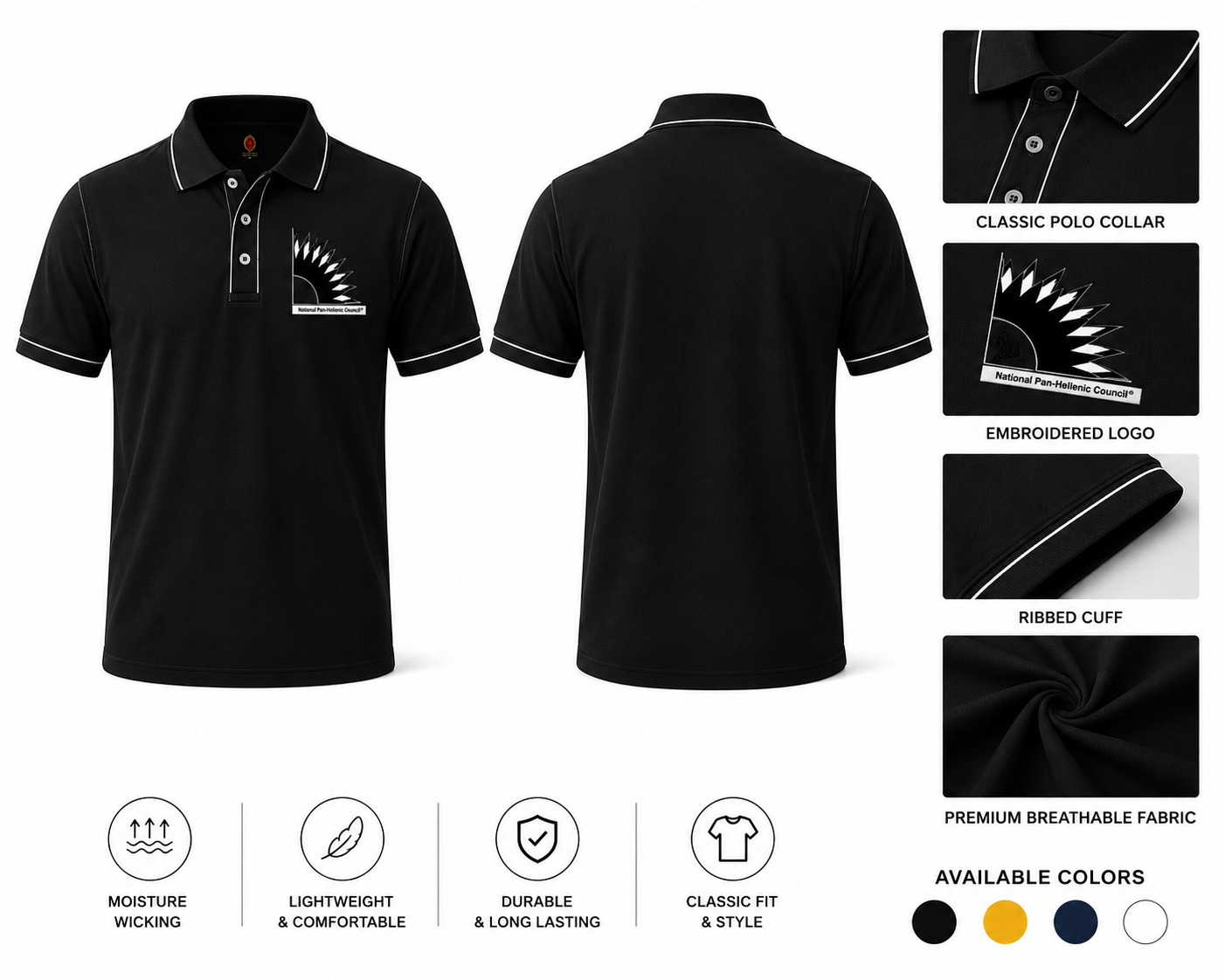 Black polo shirt with NPHC embroidered logo