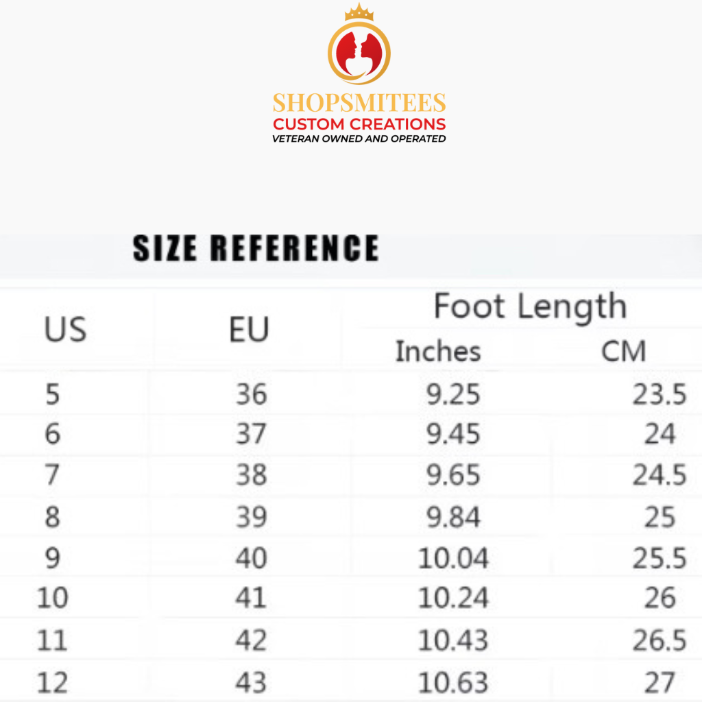 Size reference chart for shoes with ShopSmitees logo at the top.