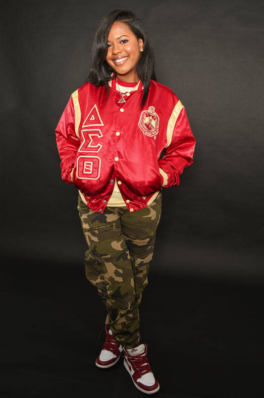 Crimson and Cream Satin DST Varsity jacket