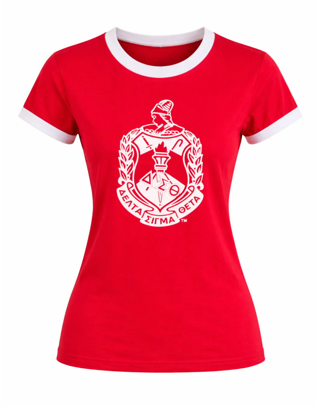 DST® Flocked Shield Ringer Tee – Classic Red