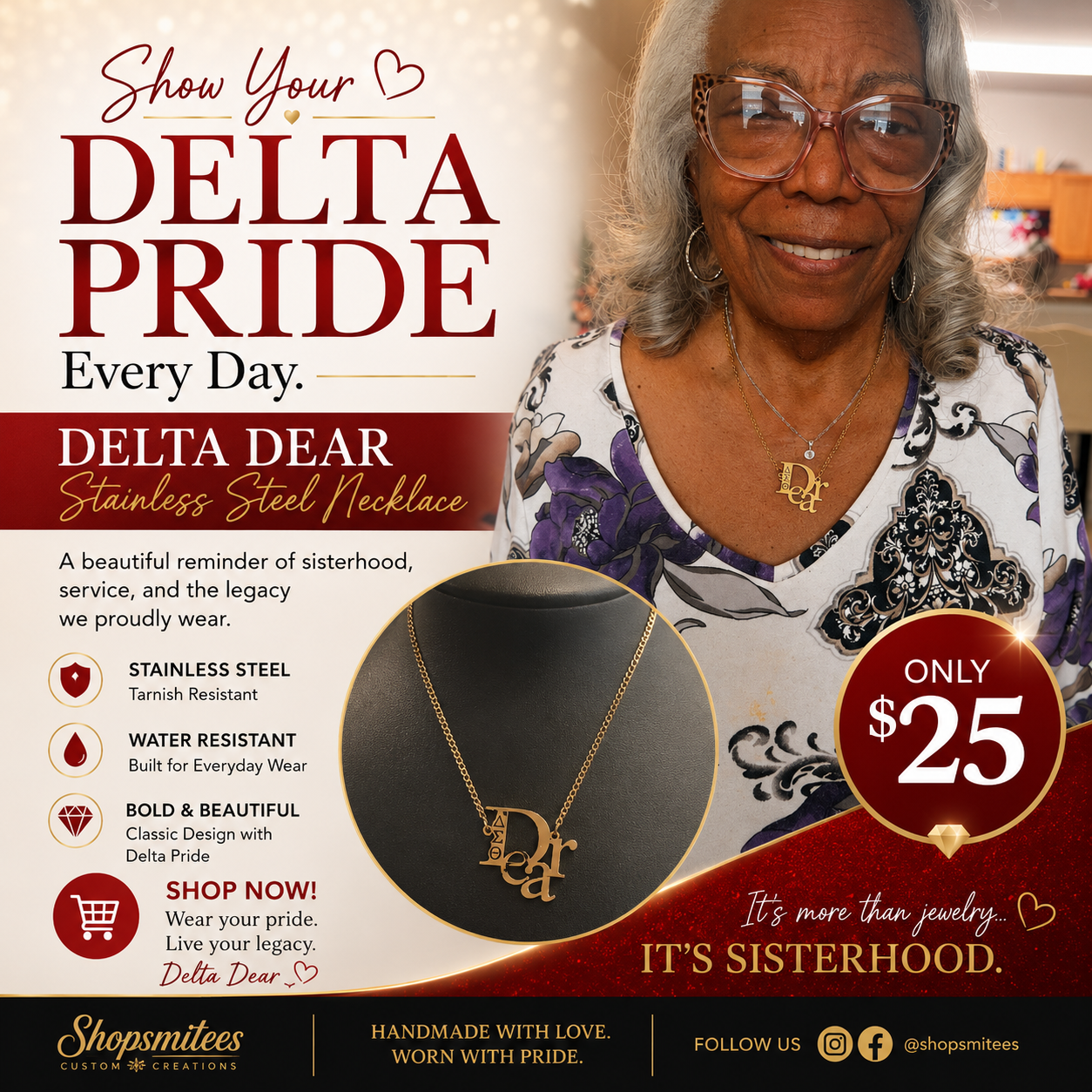 Show your Delta pride every day with this elegant stainless steel Delta Dear necklace with symbols.