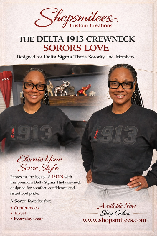 Model wearing Delta Sigma Theta 1913 black embroidered crewneck sweatshirt with vertical ΔΣΘ symbols