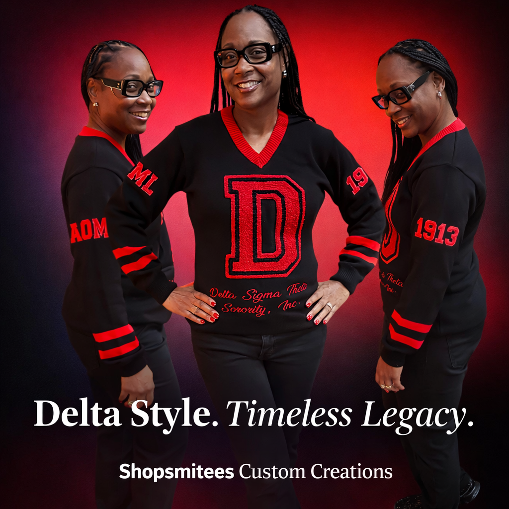 Women wearing matching black and red Delta Style sweatshirts with a red Varsity Chenille D with Delta Sigma Theta Sorority, Inc embroidered.