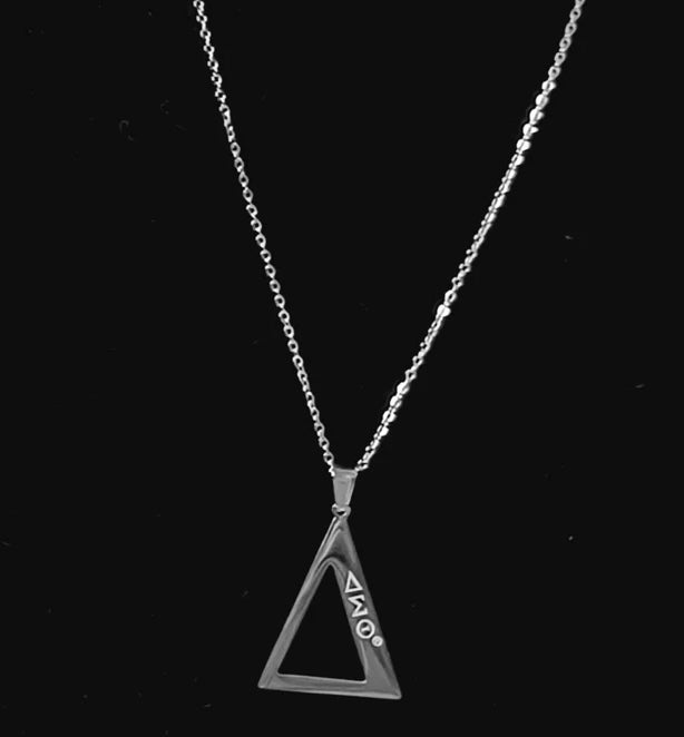 Stainless Steel Geometric Triangle necklace with engraved DST symbols