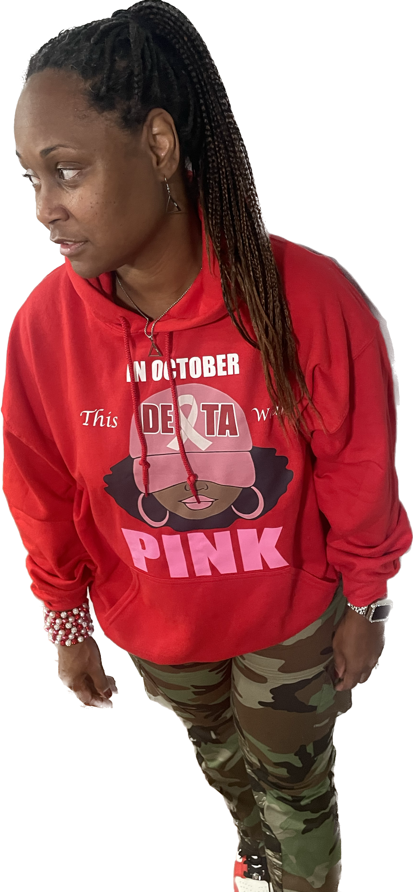 This Delta wears Pink hoodie