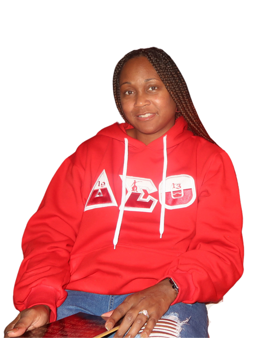 Red unisex hoodie with  color block embroidered Greek symbols