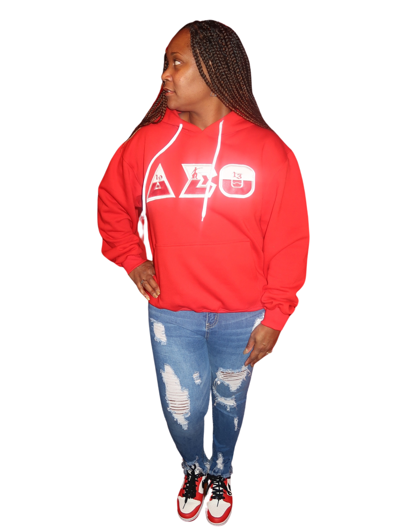 Red unisex hoodie with  color block embroidered Greek symbols