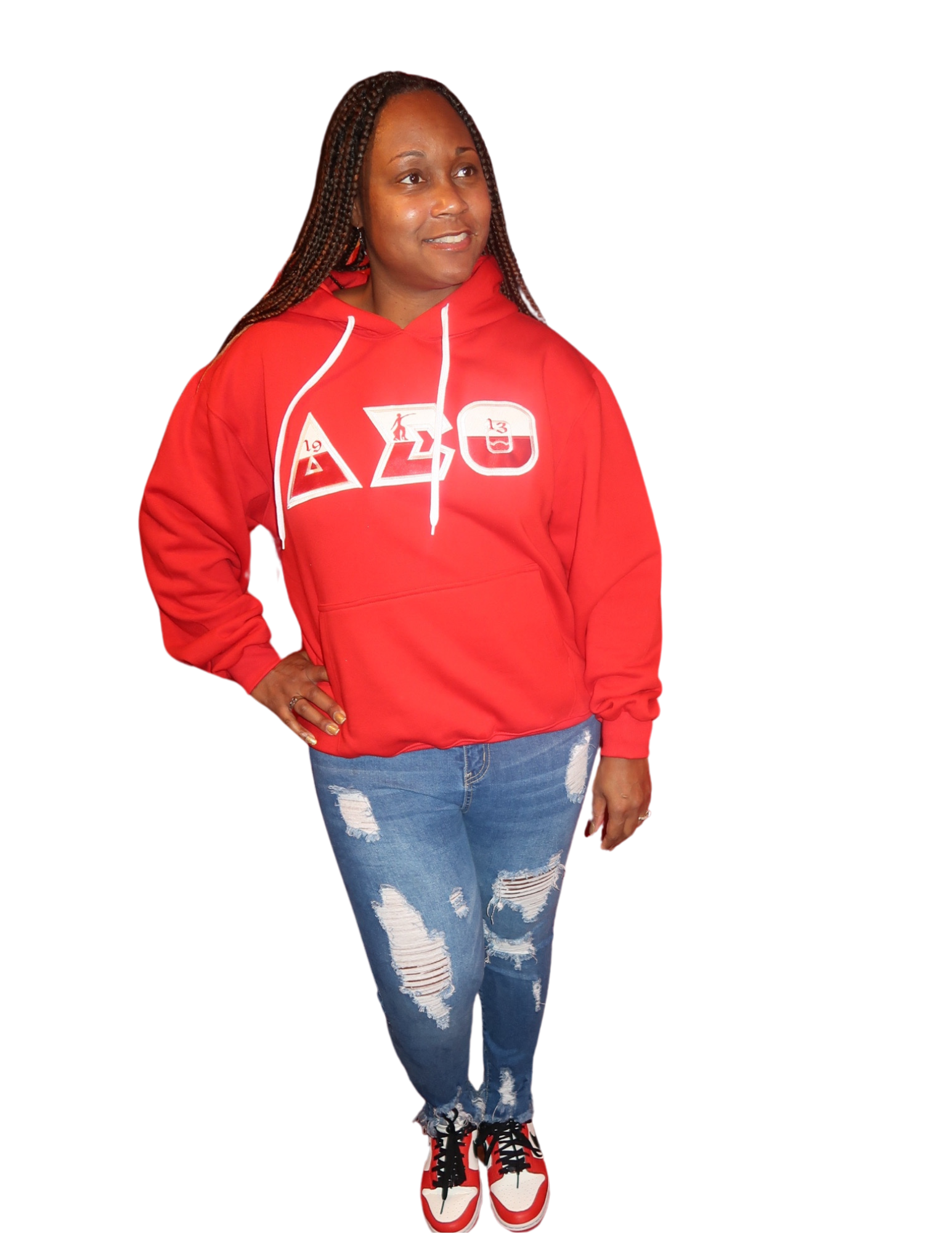 Red unisex hoodie with  color block embroidered Greek symbols