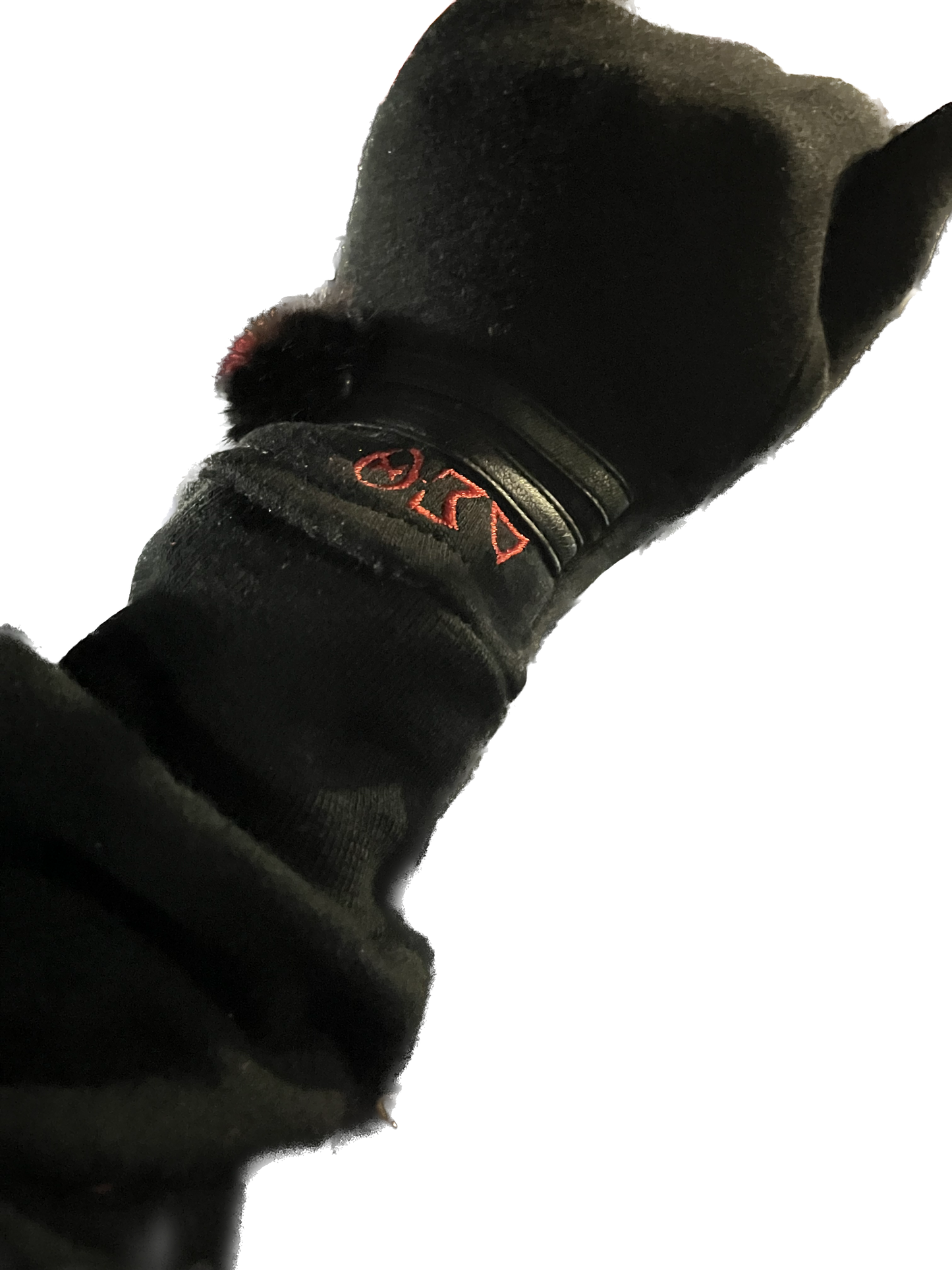 Black Delta Sigma Theta gloves with red embroidered symbols a Black Pompom and two leather strips