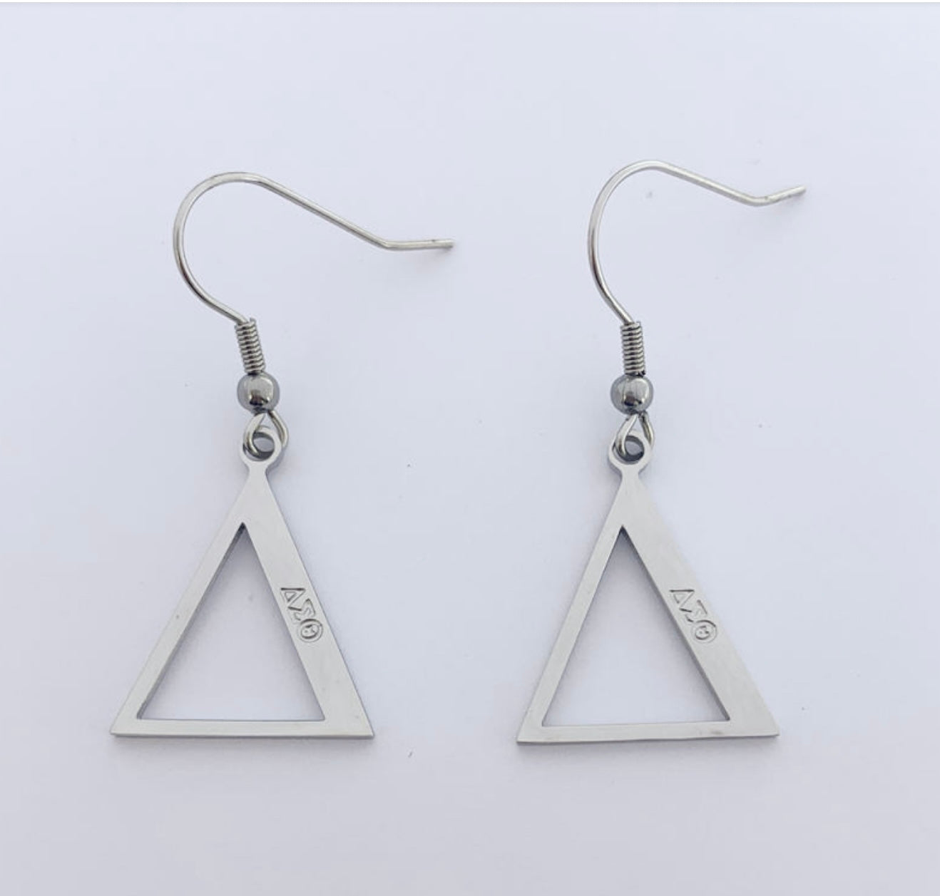 Stainless Steel Geometric Triangle earrings with engraved DST symbols