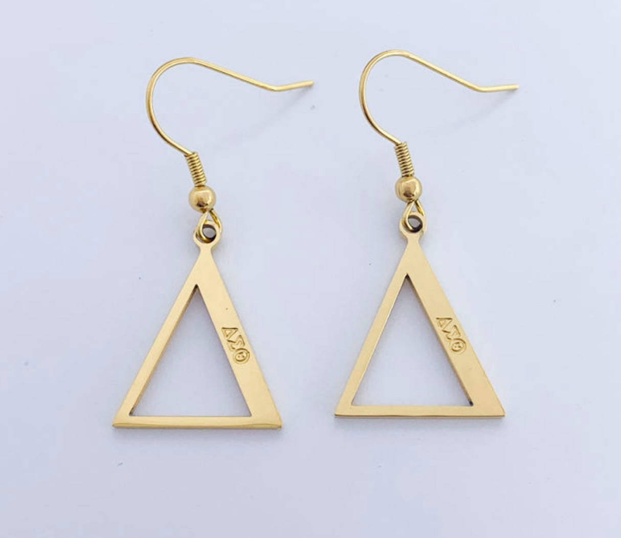 Stainless Steel Geometric Triangle earrings with engraved DST symbols