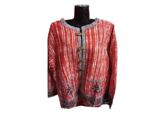 Red, White and Black Elegant Elephant Button Jacket, Front and Back Sides Reversed
