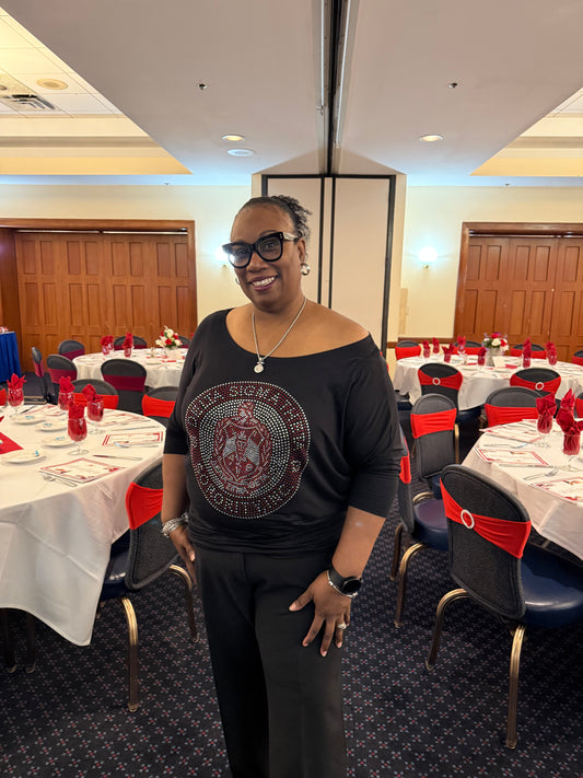 Elegant Rhinestone Delta Sigma Theta Black Off-Shoulder Top