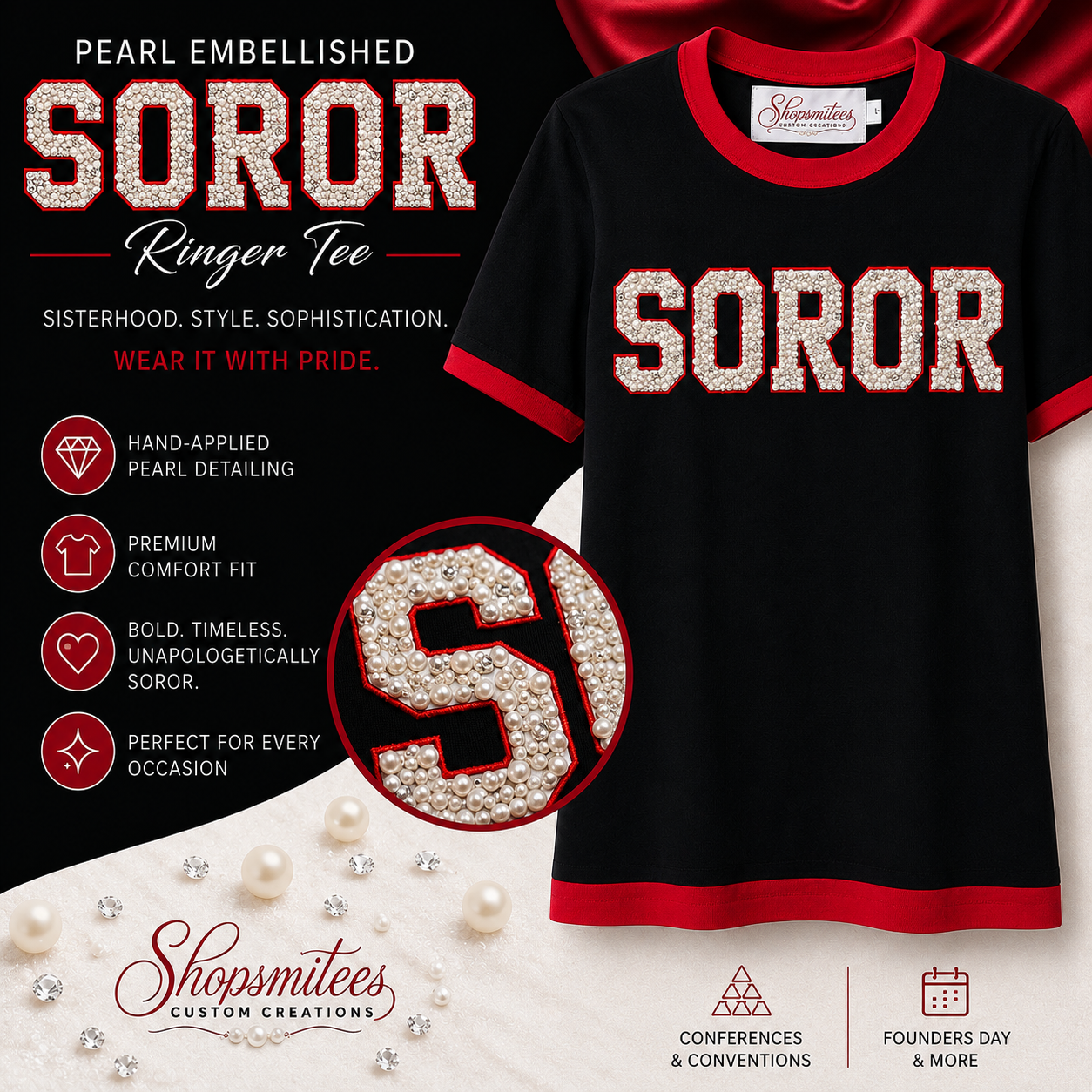 Black ringer tee with red trim and large pearl-embellished 'SOROR' lettering on the front, shown on a styled promotional background with product features and a close-up of the lettering detail.