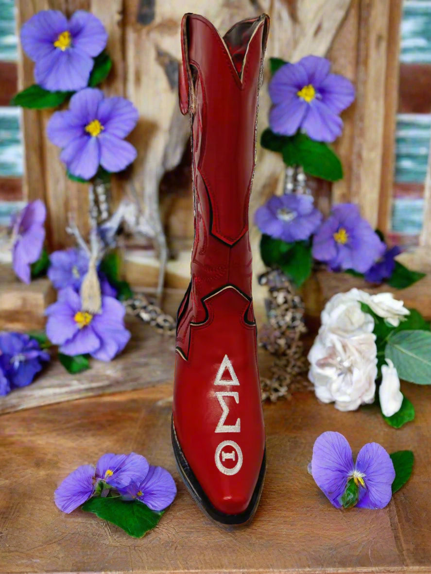 Red boot with DST Greek symbols