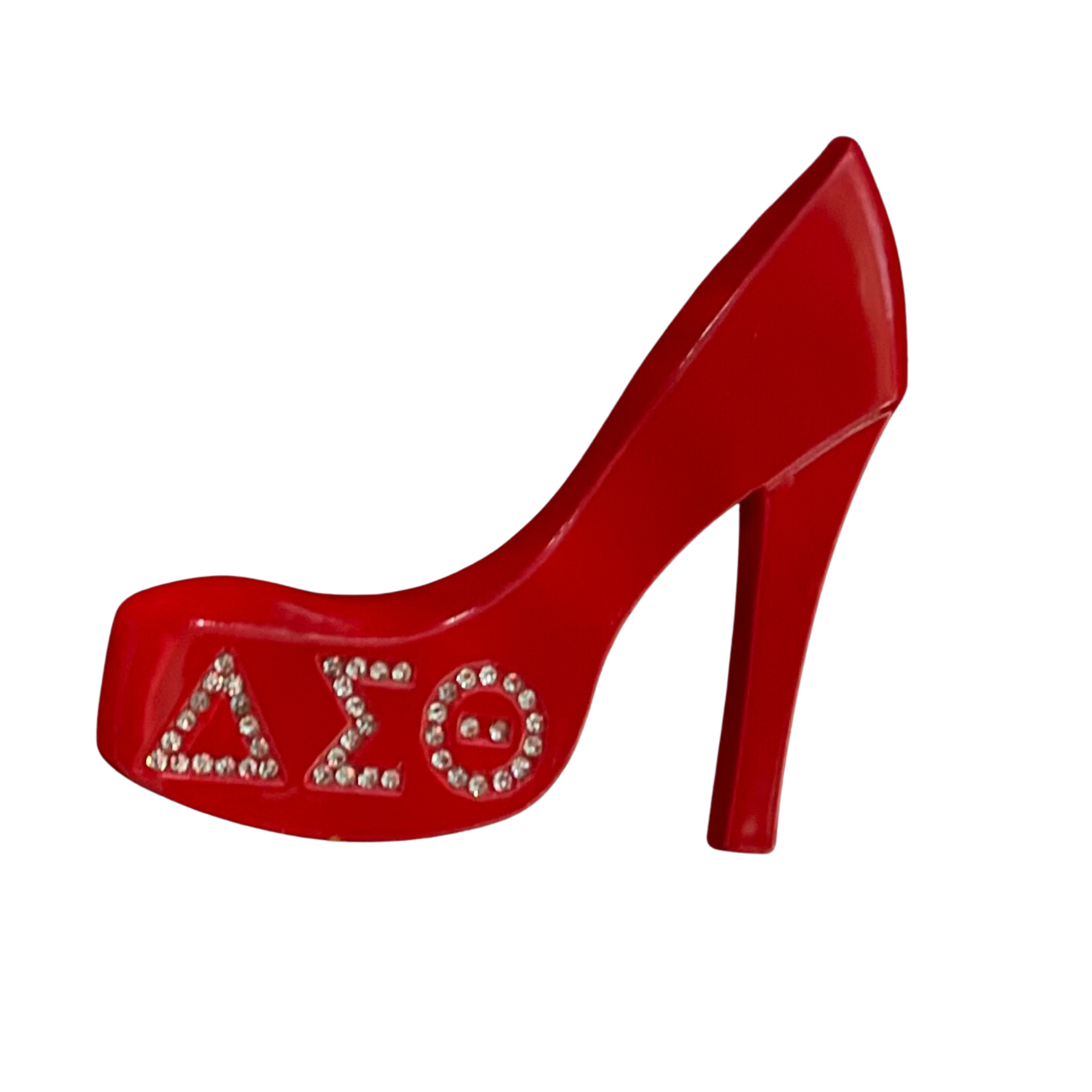 Beautiful Red Shoe with DST Greek Symbols in bling, this Lapel pin is a must have. 