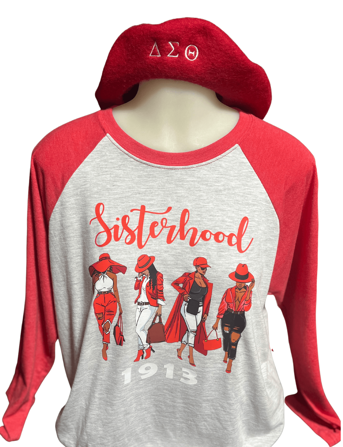 Heather Gray & Red Adult Baseball Shirt features the perfect blend of materials to create the ultimate, soft shirt for our sisterhood custom design. It is designed with red sleeves, a red neck, and a light heather gray center. 
