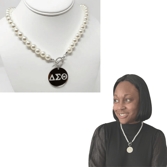 Single strand pearl 20 in necklace with stainless steel pendant with DST Greek Symbols. Toggle clasp