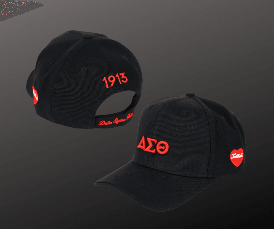 Black baseball cap with DST greek symbols and heart with fortitude written inside