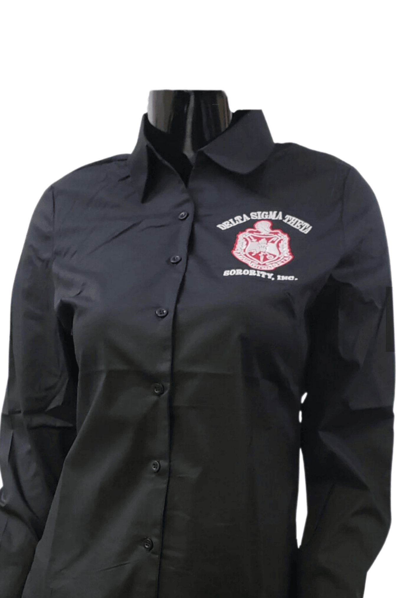 Delta Sigma Theta Sorority, Inc. button down collar shirt with Sorority Crest. Offered in Black or Red