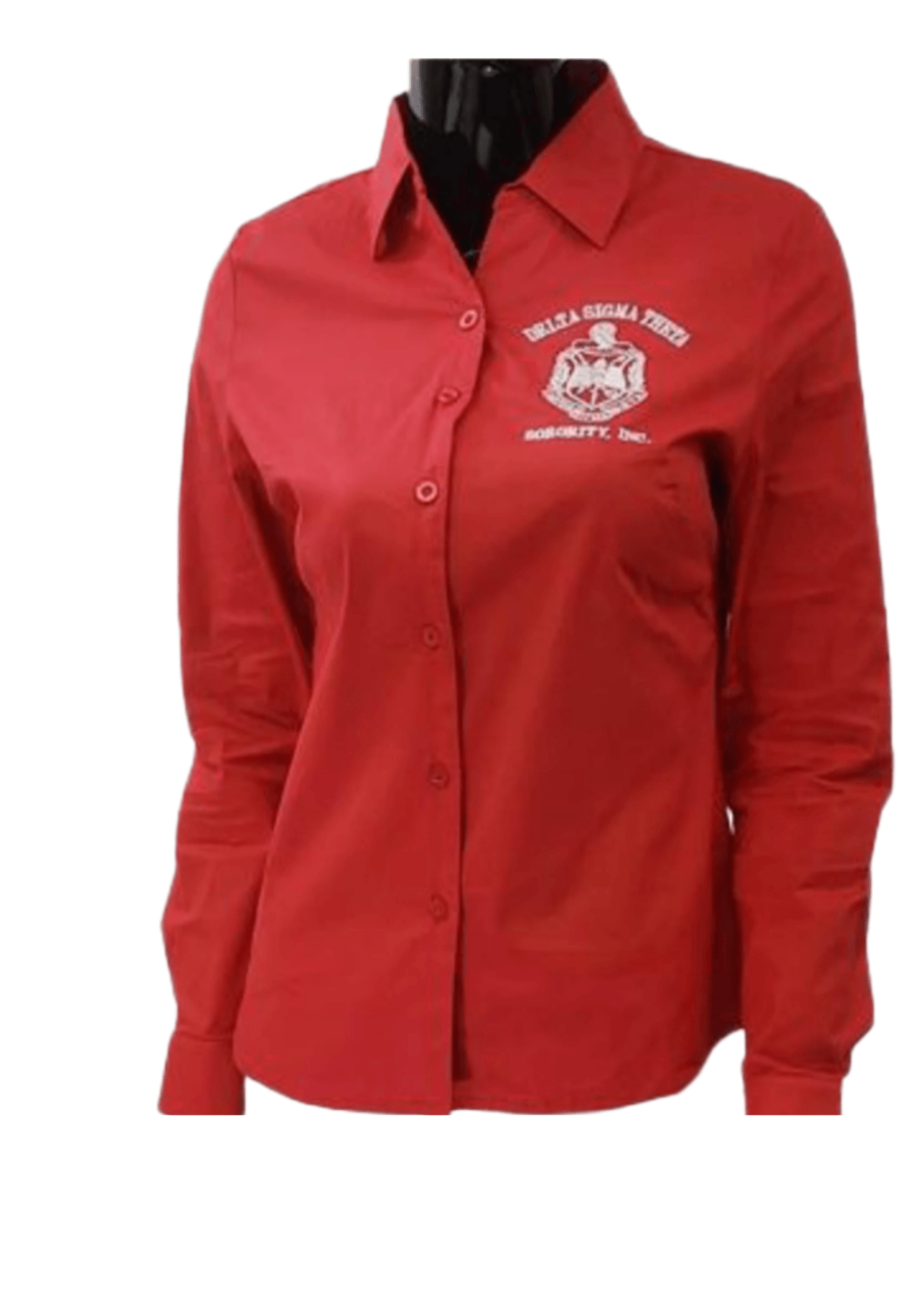 Delta Sigma Theta Sorority, Inc. button down collar shirt with Sorority Crest. Offered in Red or Black 