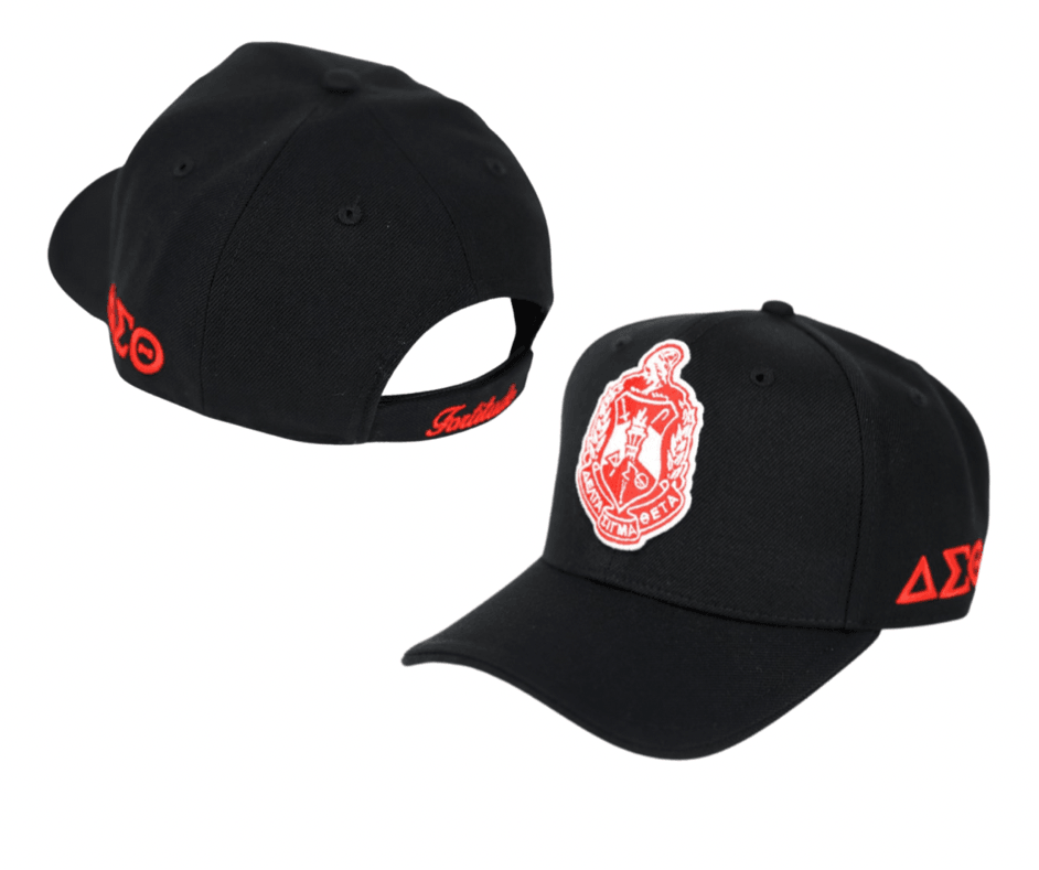 black baseball cap with DST sorority crest on the front, Greek symbols on the side