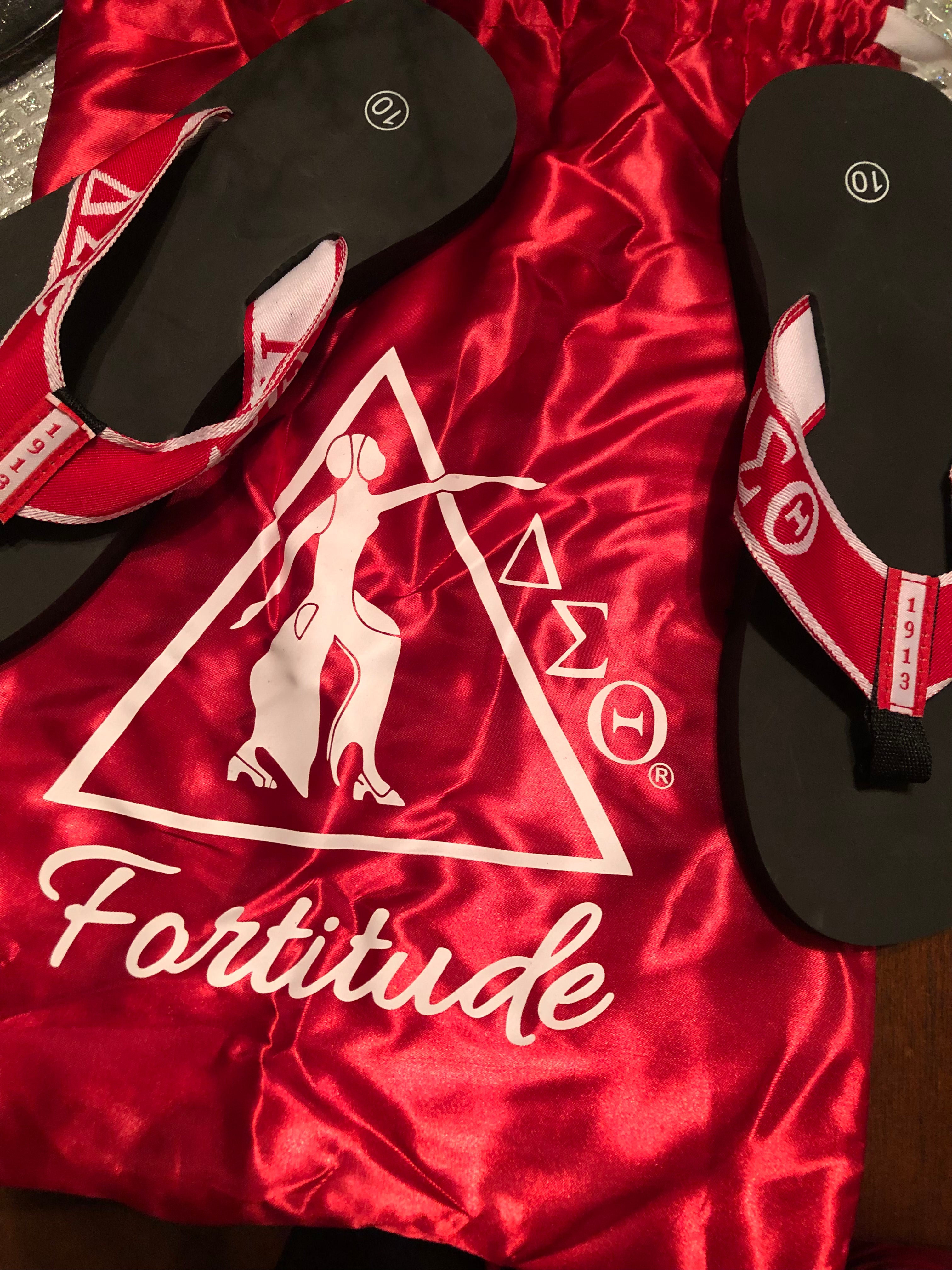DST flip flops. comes with this beautiful red fortitude drawstring bag.    